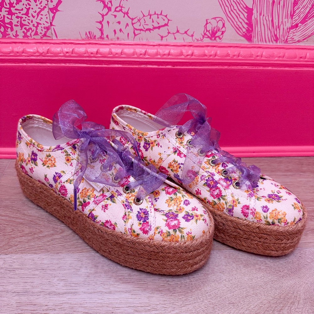Floral Platform Espadrille Sneakers with Purple Ribbon Laces